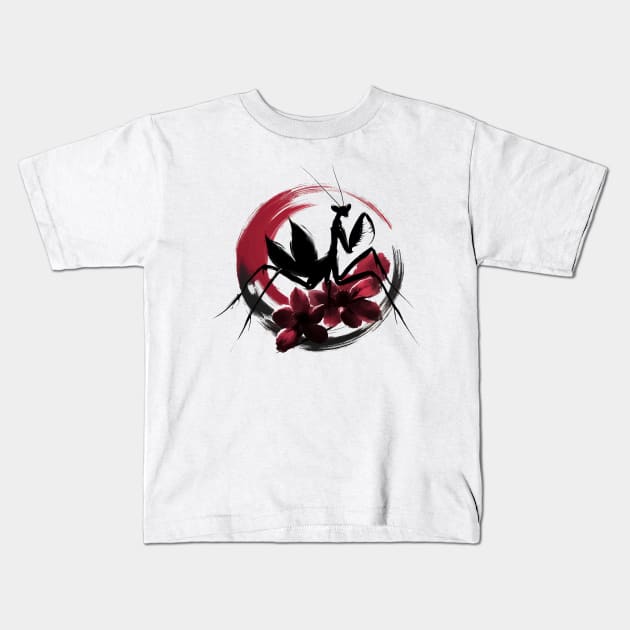 Sumie Enso Japanese Brushstroke Praying Mantis Kids T-Shirt by TomFrontierArt